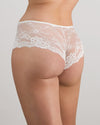 Model wears My Fit Lace Brazilian in WHITE. On body front view