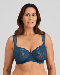 Model wears Midnight Express Underwire Bra in REFLECTING POND. On body front view