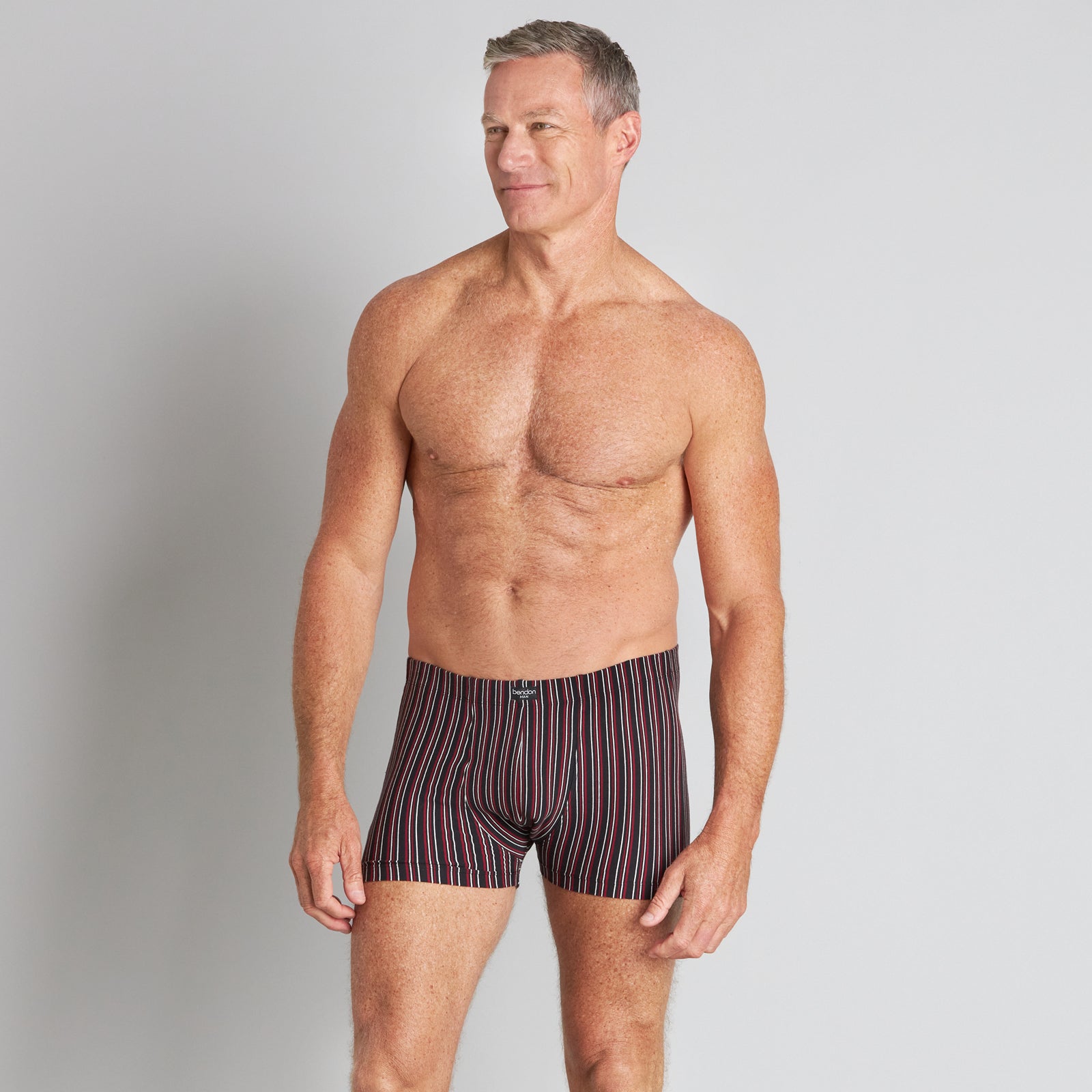 Cotton Stretch Mens Trunk in BLACK/RHUBARB STRIPE. Feature shot