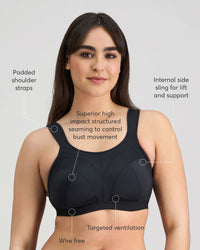Model wears Stamina Wire Free Bra in BLACK. On body side view