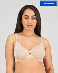 Model wears Manifest Underwire Bra in LATTE. On body front view