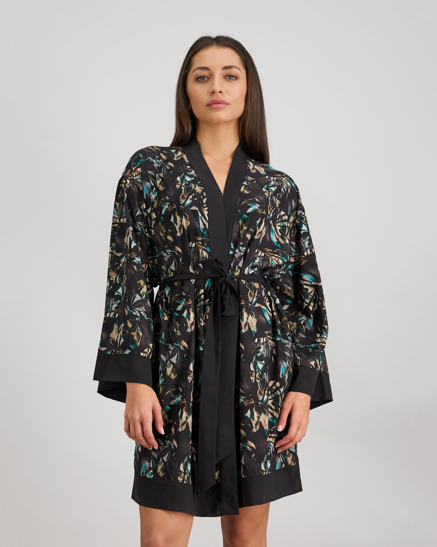 Model wears Lost Paradise Robe in BLACK PRINT. On body front view