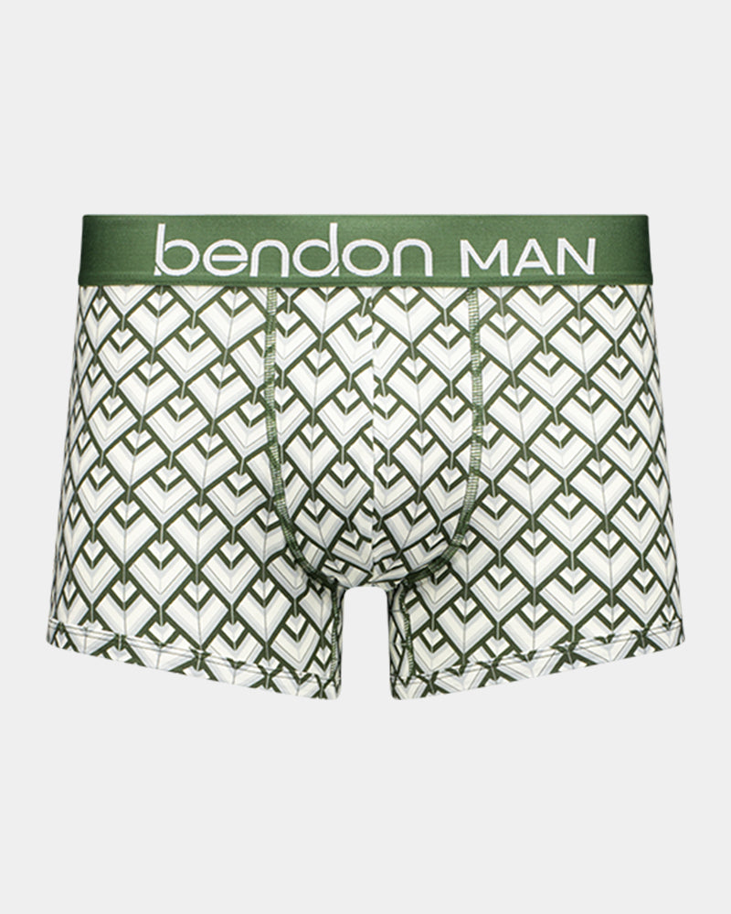 Retros Print Mens Trunk in ART DECO TILE PRINT. Flat lay front view