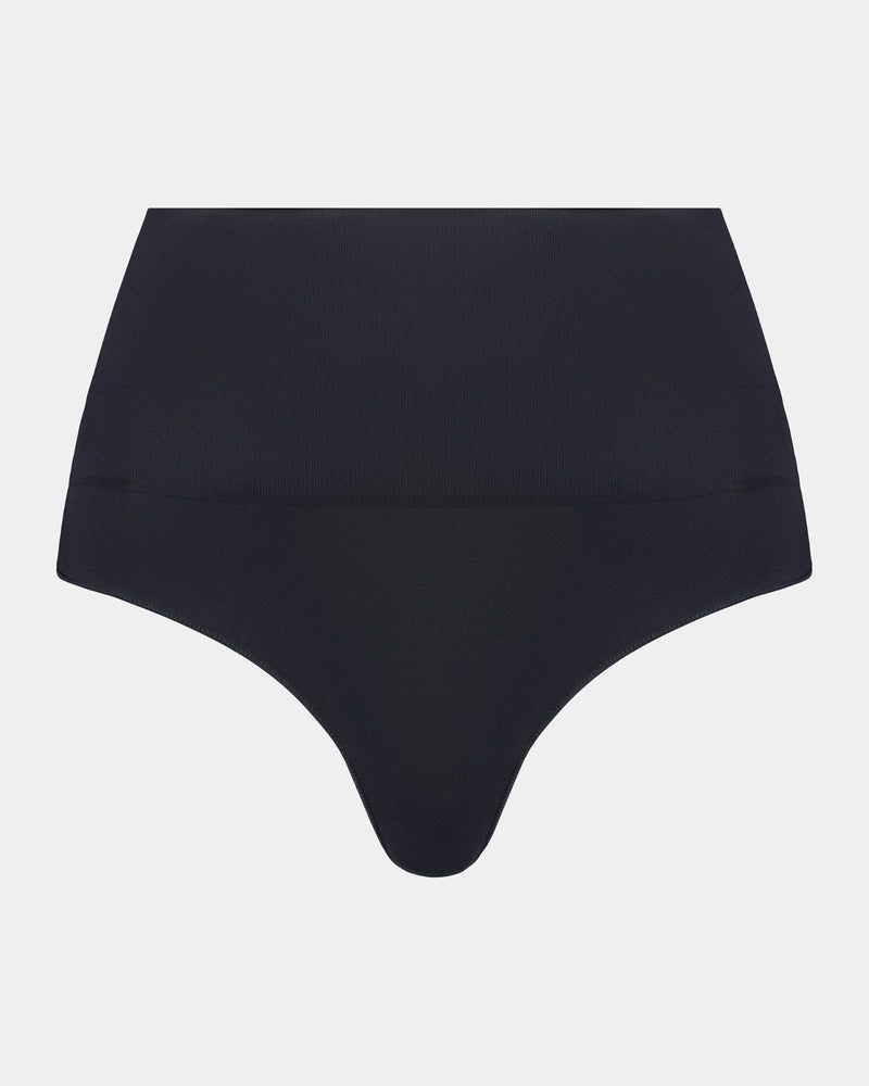 Bamboo Bodywear Thong in BLACK. Flat lay front view