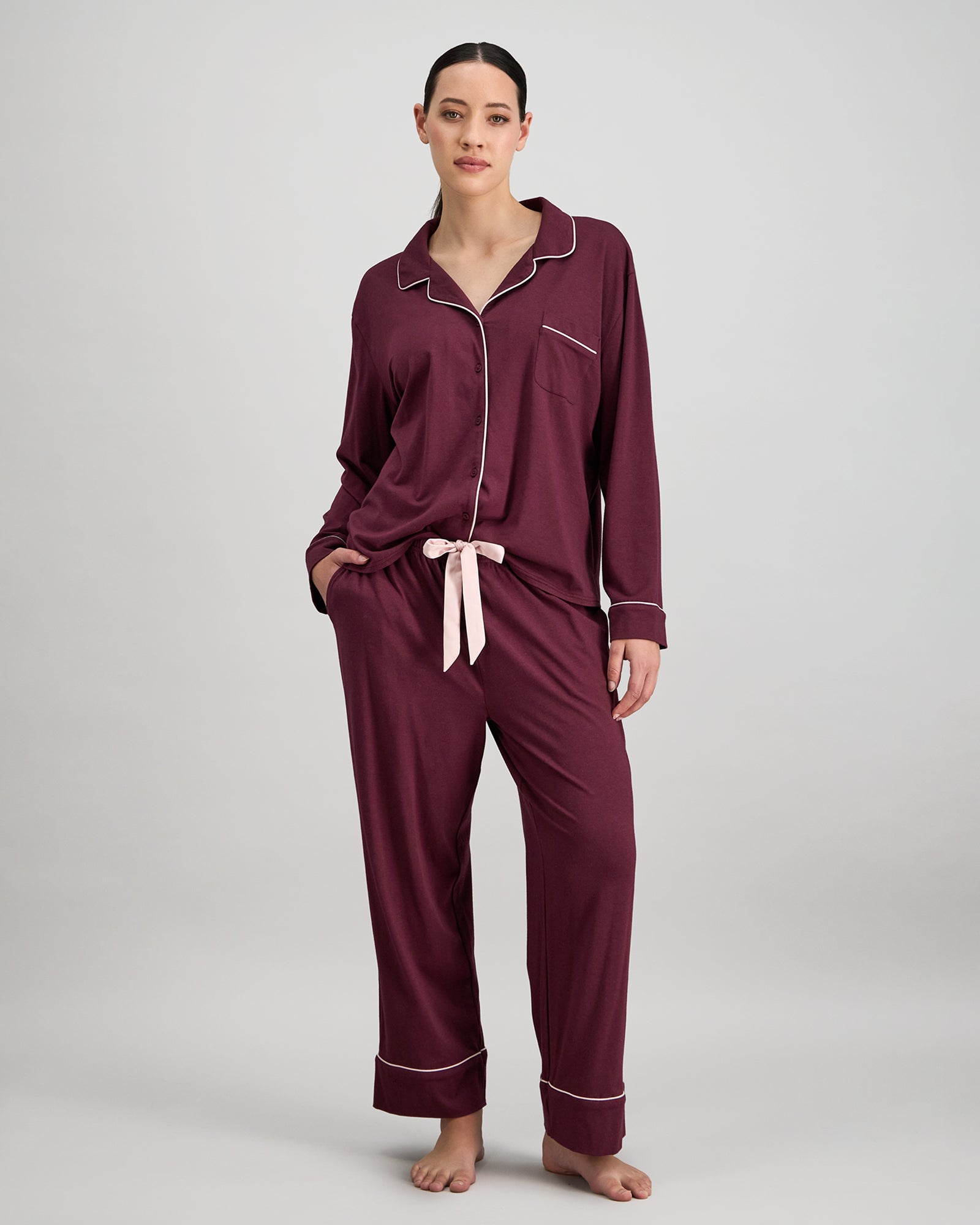 Model wears Dolce Long Pj in FIG. On body front view