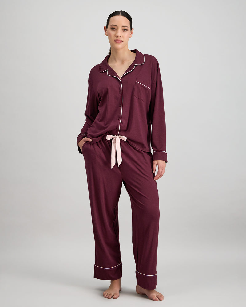 Model wears Dolce Long Pj in FIG. On body front view