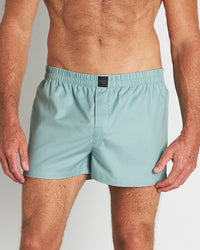 Model wears Classic Woven Boxer in AQUIFER. On body front view