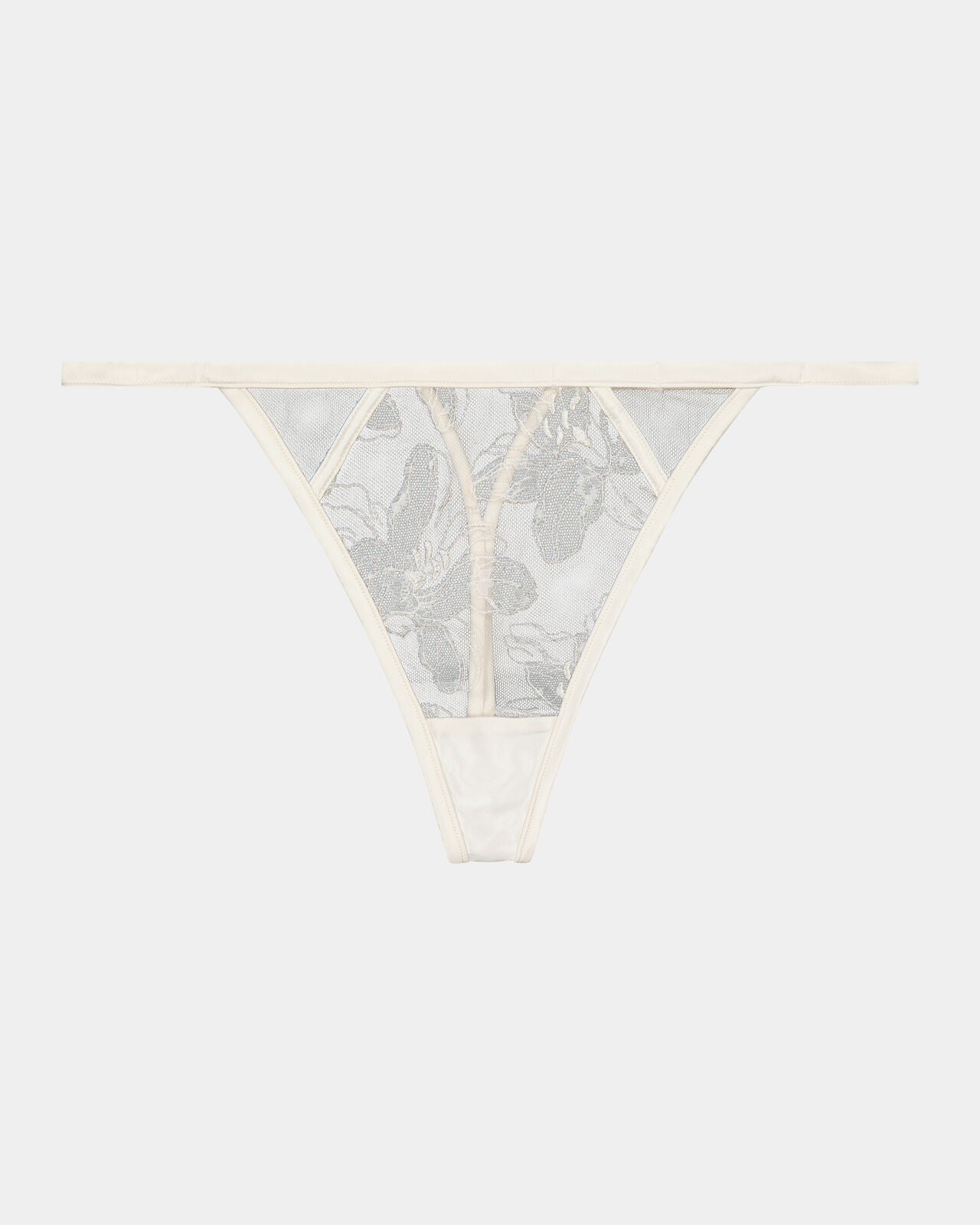Olivia Luxe Thong in CHAMPAGNE. Flat lay front view