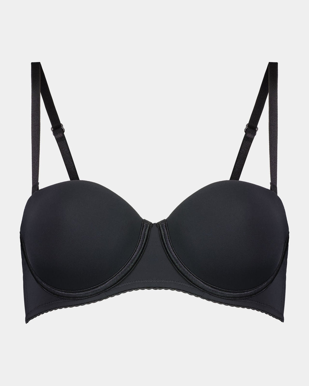 Body Basics Strapless Bra in BLACK. Flat lay front view