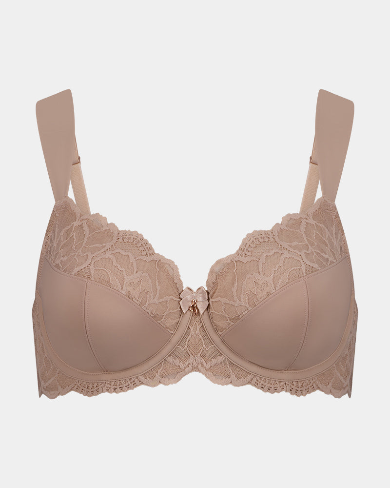 Twilight Express Underwire Bra in LATTE. Flat lay front view