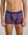 Model wears Bold Stripe Mens Trunk in MEDIEVAL/GARNET STRIPE. On body front view