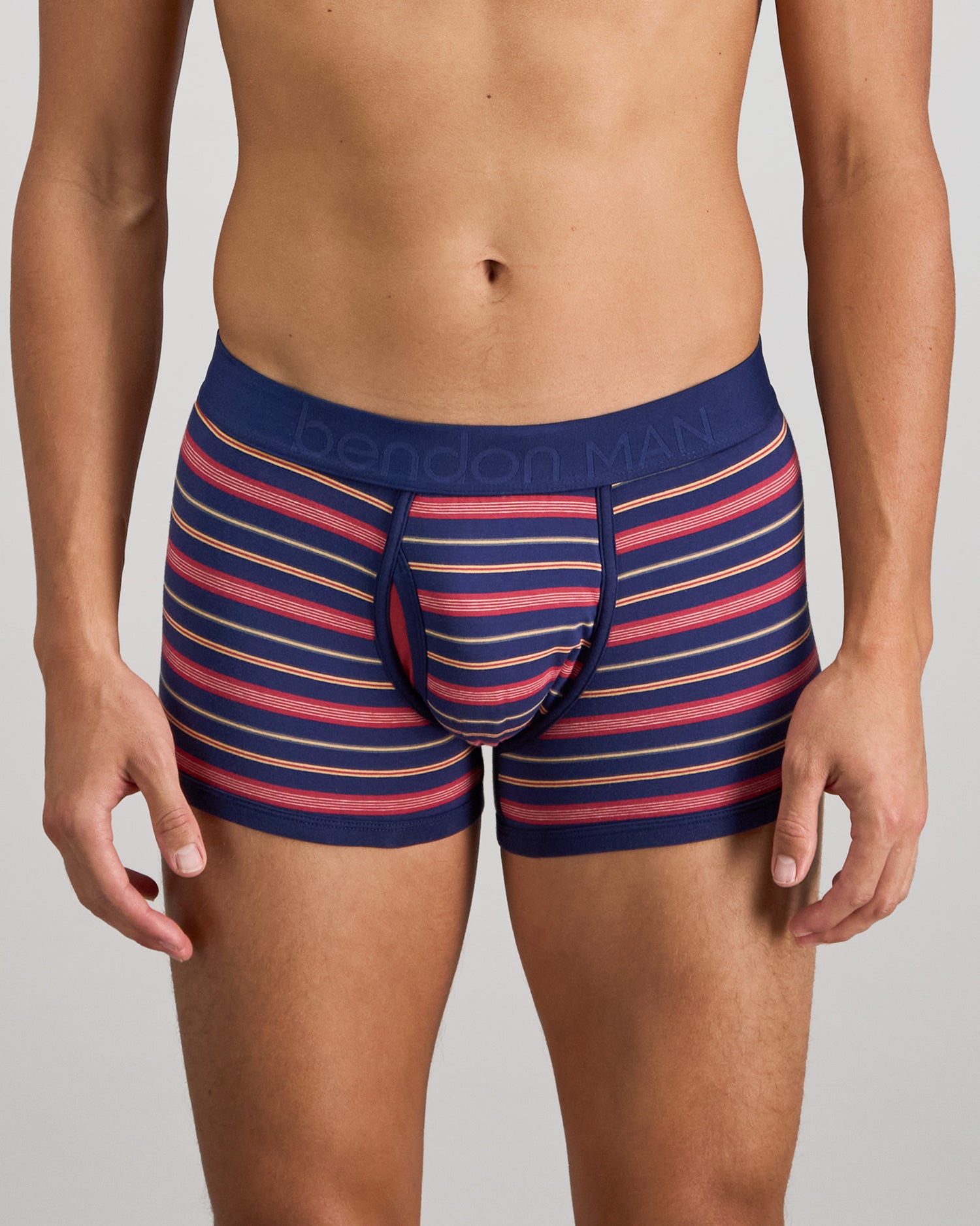 Model wears Bold Stripe Mens Trunk in MEDIEVAL/GARNET STRIPE. On body front view