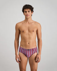 Cotton Stretch Mens Brief in TIBETAN RED STRIPE. Feature shot