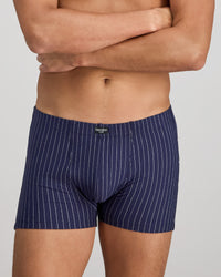 Cotton Stretch Mens Boxer Trunk in PEACOAT PINSTRIPE. Flat lay back view