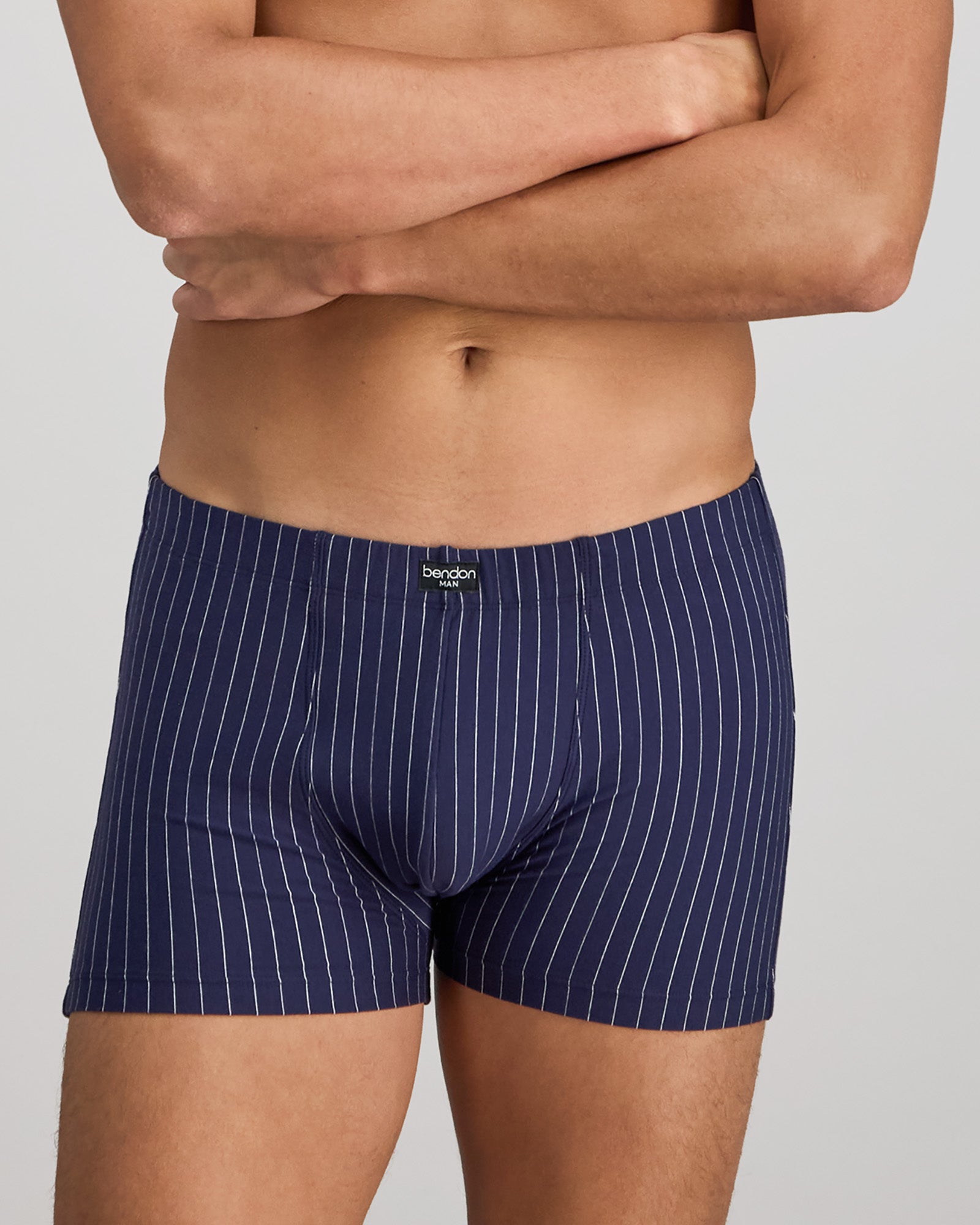 Cotton Stretch Mens Boxer Trunk in PEACOAT PINSTRIPE. Flat lay back view