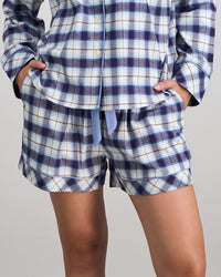 Model wears Cosy Flannel Short Pj in NAVY BLAZER. On body front view