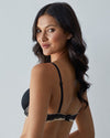 Model wears Geometric Lace Contour Bra in BLACK/TOASTED ALMOND. On body back view