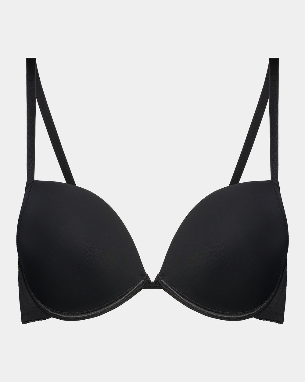 Model wears Body Basics Push Up Bra in BLACK. On body front view