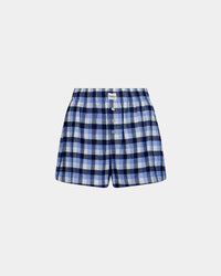 Cosy Flannel Short in BLUE CHECK. Flat lay front view