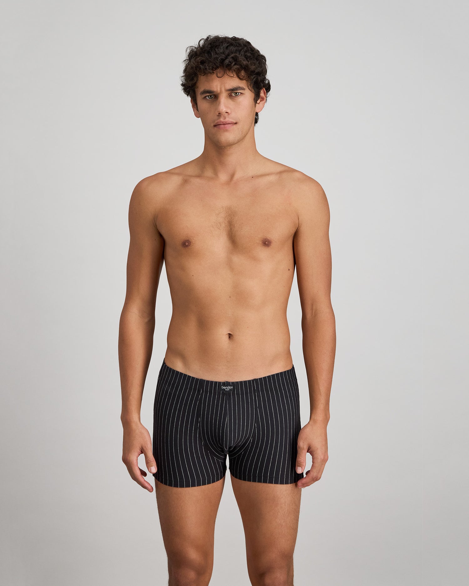 Cotton Stretch Mens Trunk in BLACK PINSTRIPE. Feature shot