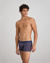 Bold Stripe Mens Trunk in PEACOAT/PLUM STRIPE. Flat lay back view