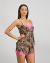 Model wears Sleigh The Night Cami & Short Set in WILD LYNX PRINT. On body side view