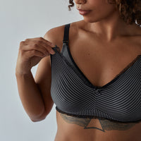 Model wears Elodie Maternity Bra in JET/PEWTER. On body side view