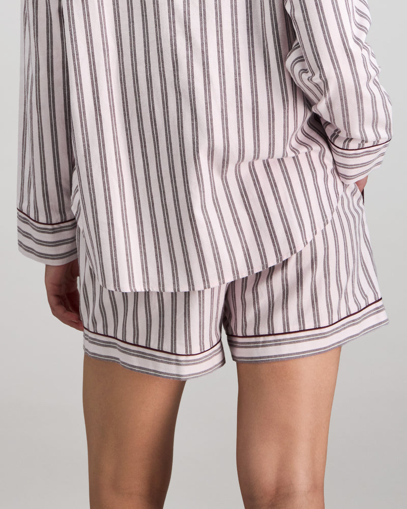 Model wears Cosy Flannel Short Pj in PINK-A-BOO. On body back view