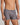 Model wears Cotton Stretch Mens Trunk in ASH PINSTRIPE. On body side view