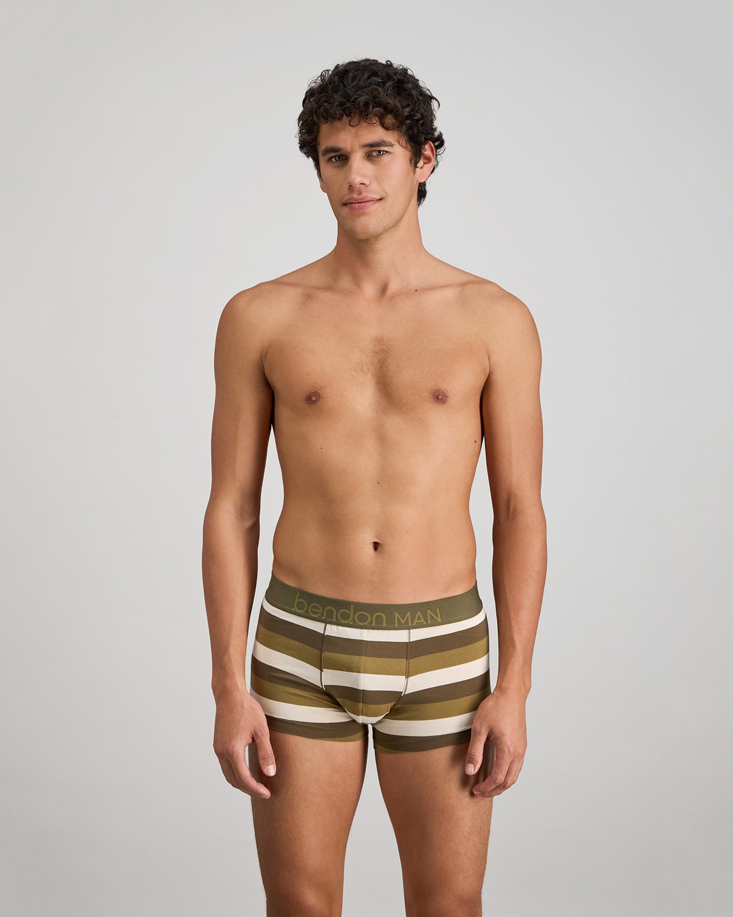 Rugby Stripe Mens Trunk in OLIVE/NUTRIA/OATMEAL. Feature shot