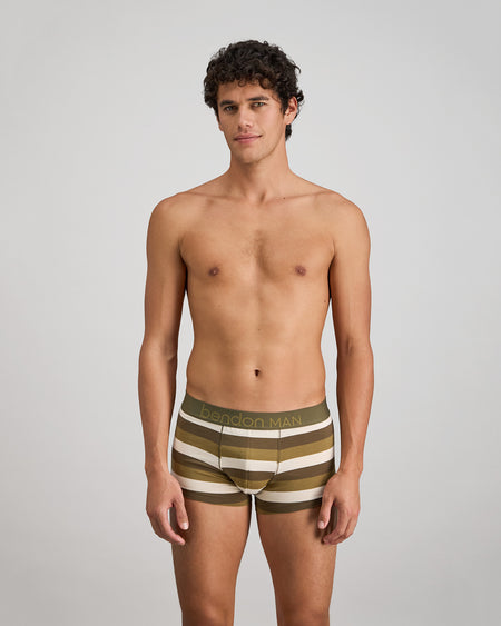 Rugby Stripe Mens Trunk in OLIVE/NUTRIA/OATMEAL. Feature shot