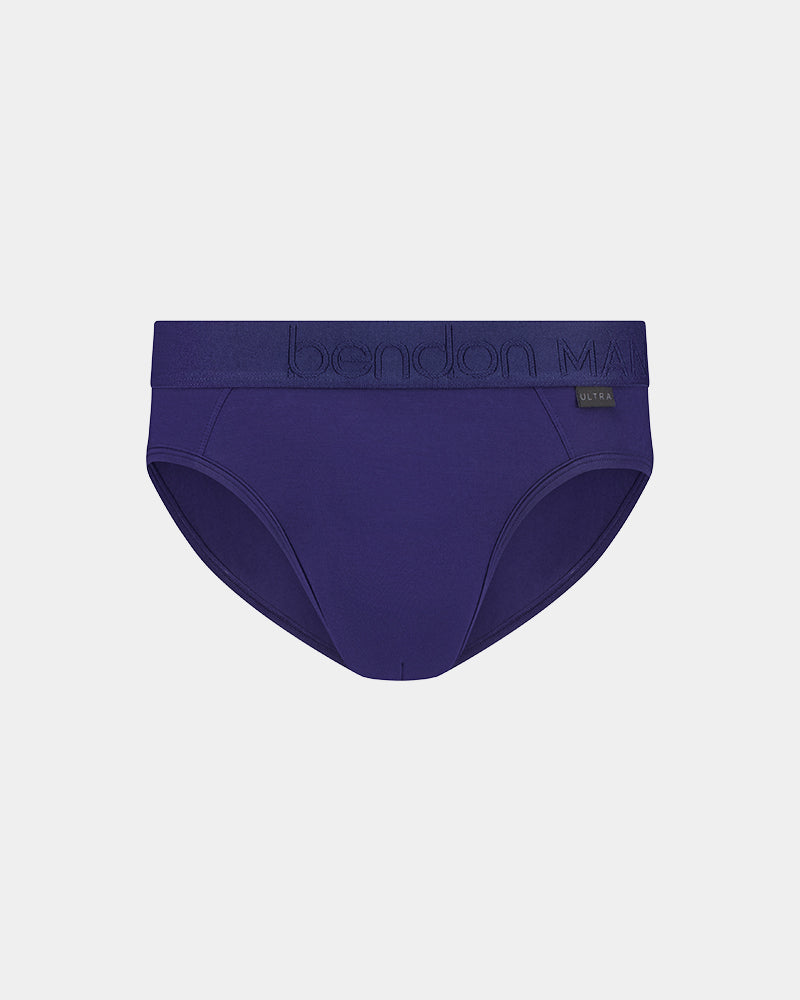 Bamboo Mens Brief in Medieval Blue. Flat lay front view