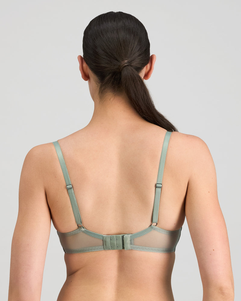 Model wears Romilly Underwire Bra in ICEBERG GREEN. On body back view
