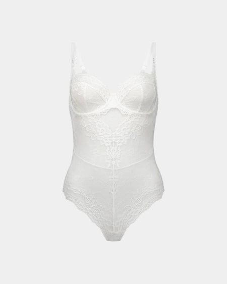 My Fit Lace Bodysuit in WHITE. Flat lay front view