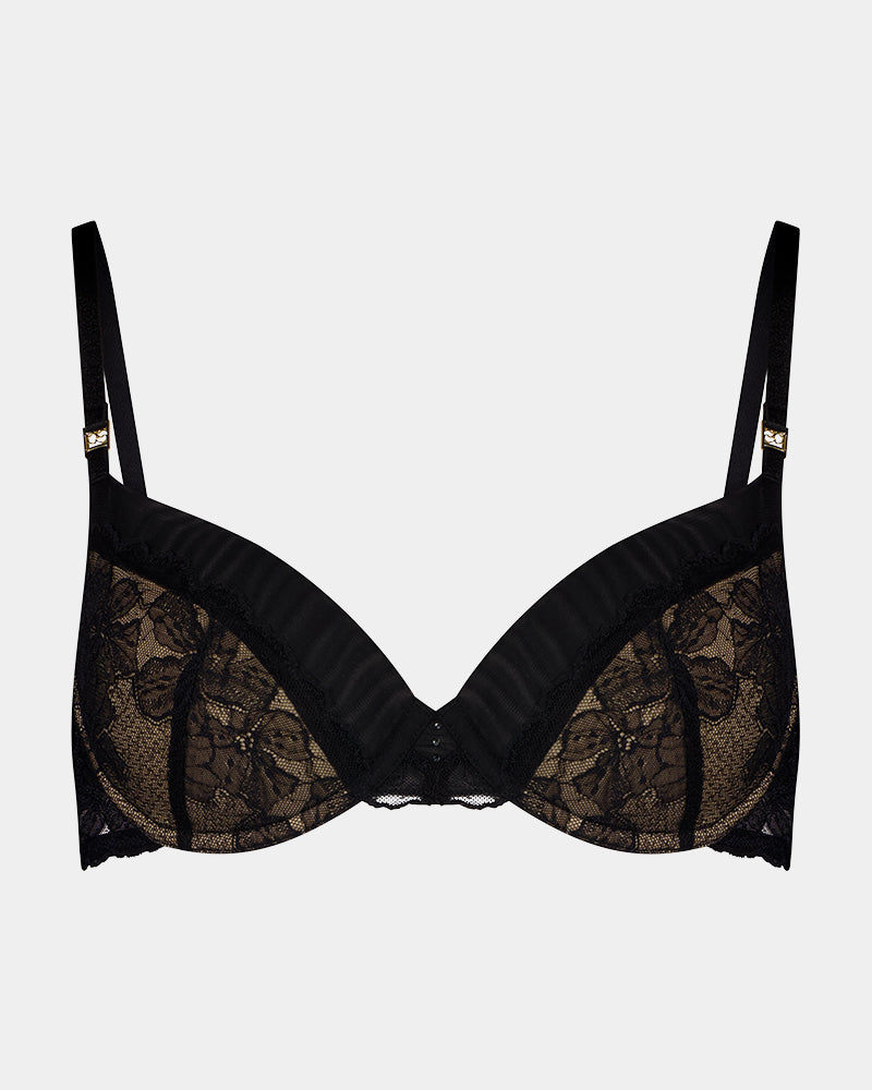 Lace Impact Contour Bra in BLACK. Flat lay front view
