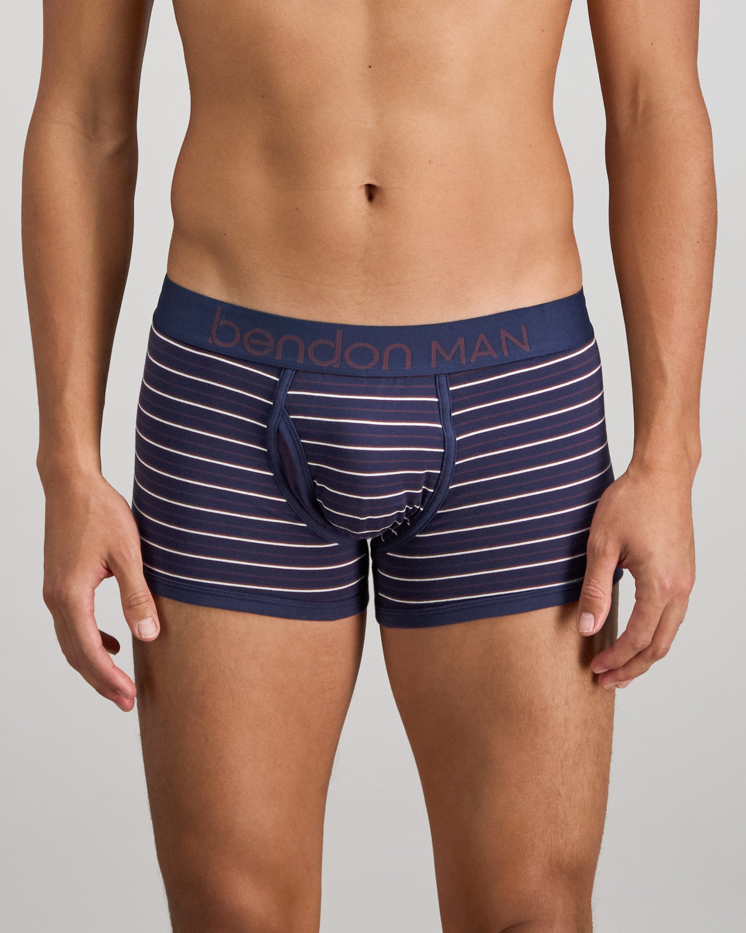 Model wears Bold Stripe Mens Trunk in PEACOAT/PLUM STRIPE. On body front view