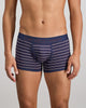 Model wears Bold Stripe Mens Trunk in PEACOAT/PLUM STRIPE. On body front view