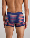 Model wears Bold Stripe Mens Trunk in MEDIEVAL/GARNET STRIPE. On body back view