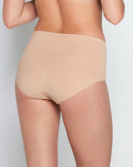 Model wears Bamboo Bodywear Full Brief in CARAMEL. On body back view