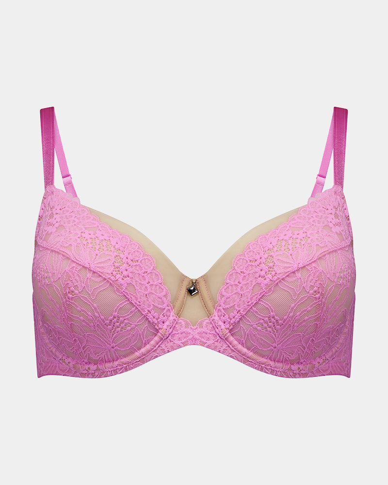 Enchantment Underwire Bra in BUBBLEGUM PINK. Flat lay front view