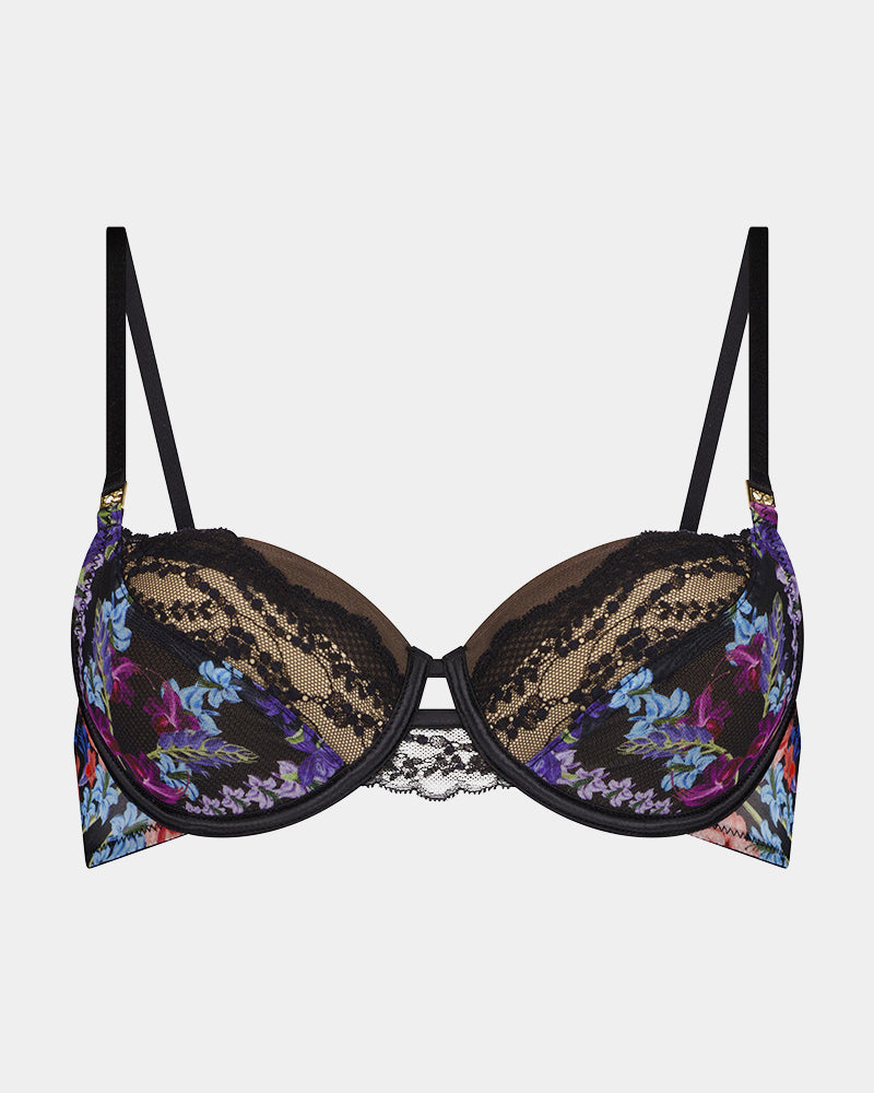 Adaline Contour Bra in BLACK FLORAL PRINT. Flat lay front view