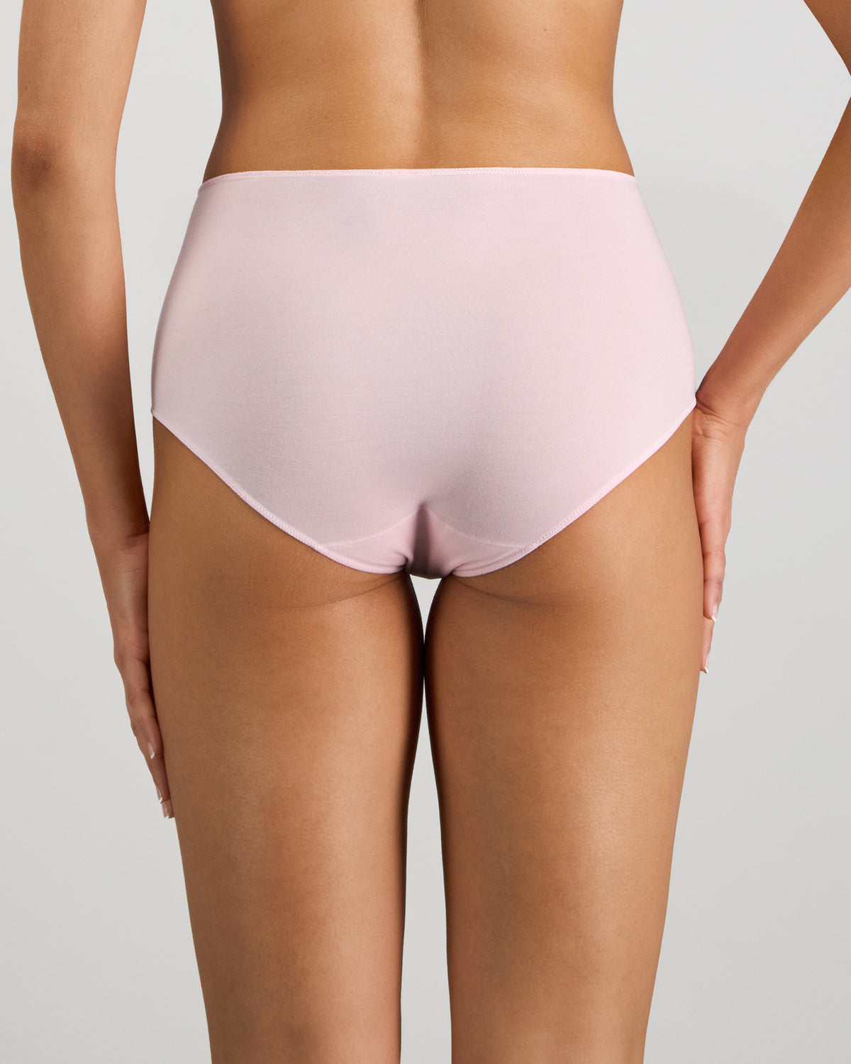 Model wears Au Naturel Full Brief in PALE LILAC. On body back view