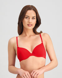 Model wears Stripe Elastic & Papertouch Push Up Bra in SALSA. On body front view