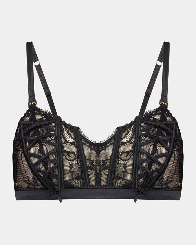 Lace Me Up Bralette in BLACK. Flat lay front view