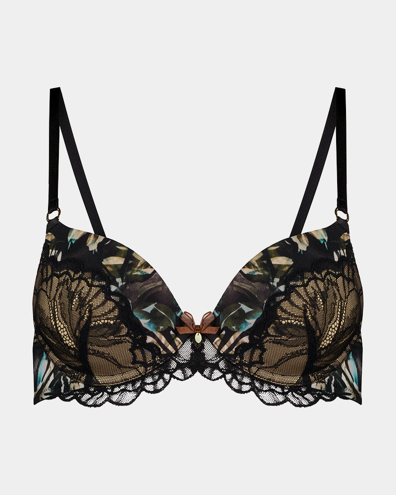 Lost Paradise Push Up Bra in BLACK PRINT. Flat lay front view