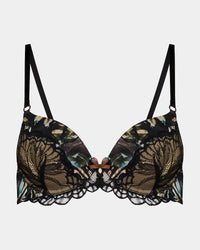 Lost Paradise Push Up Bra in BLACK PRINT. Flat lay front view
