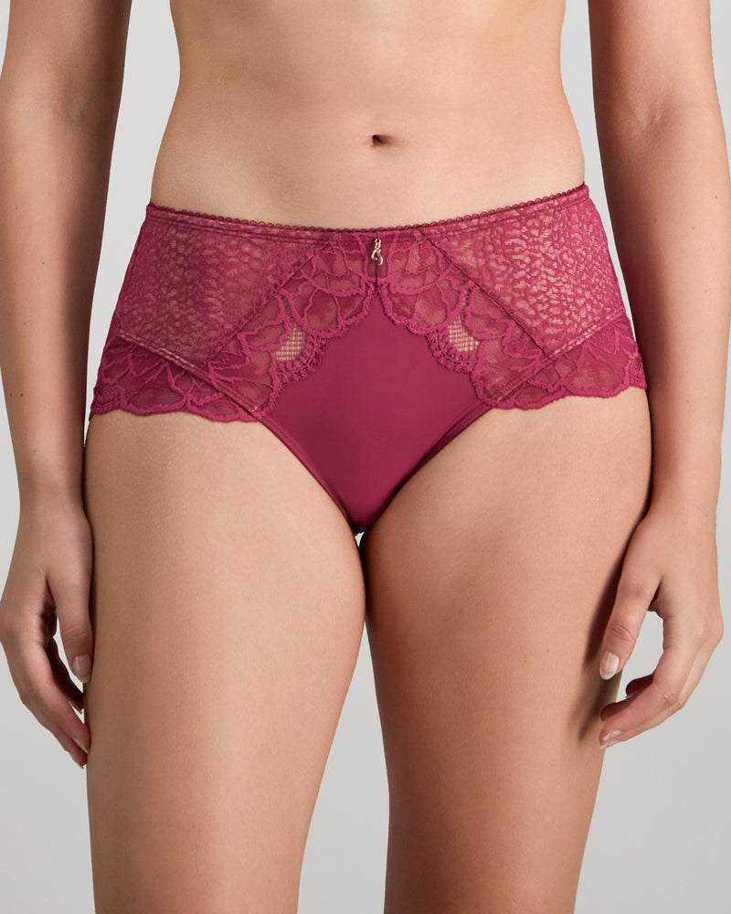 Model wears Midnight Express Full Brief in BEAUJOLAIS. On body front view