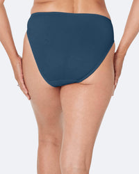 Model wears Coral High Cut Brief in REFLECTING POND. On body back view