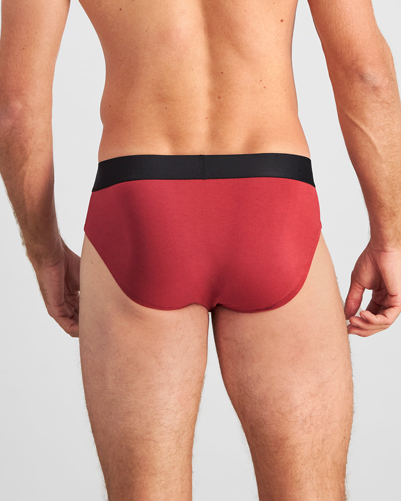 Model wears Everyday Essential Mens Brief in TIBETAN RED. On body back view