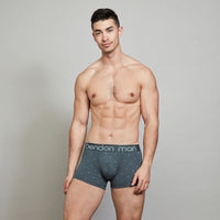 Model wears Cotton Print Series Mens Trunk in NATURE PRINT CHINA BLUE. On body front view